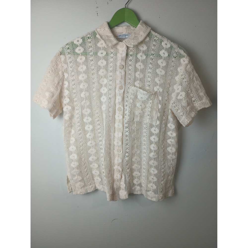 Arizona Jean Co Cream Floral Lace Button Down Shirt Short Sleeve Cotton Small